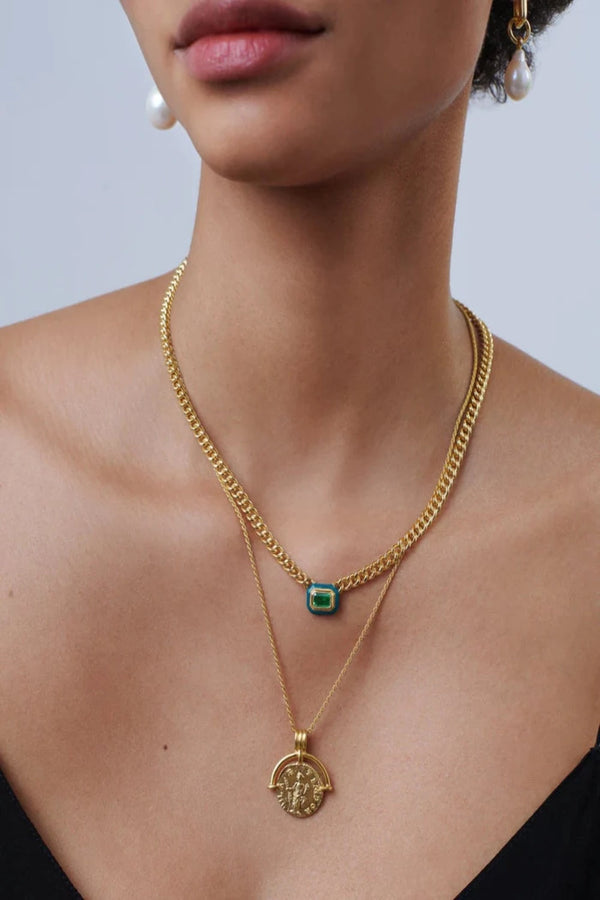 Enamel Stone Floating Pendant Chain Necklace Green