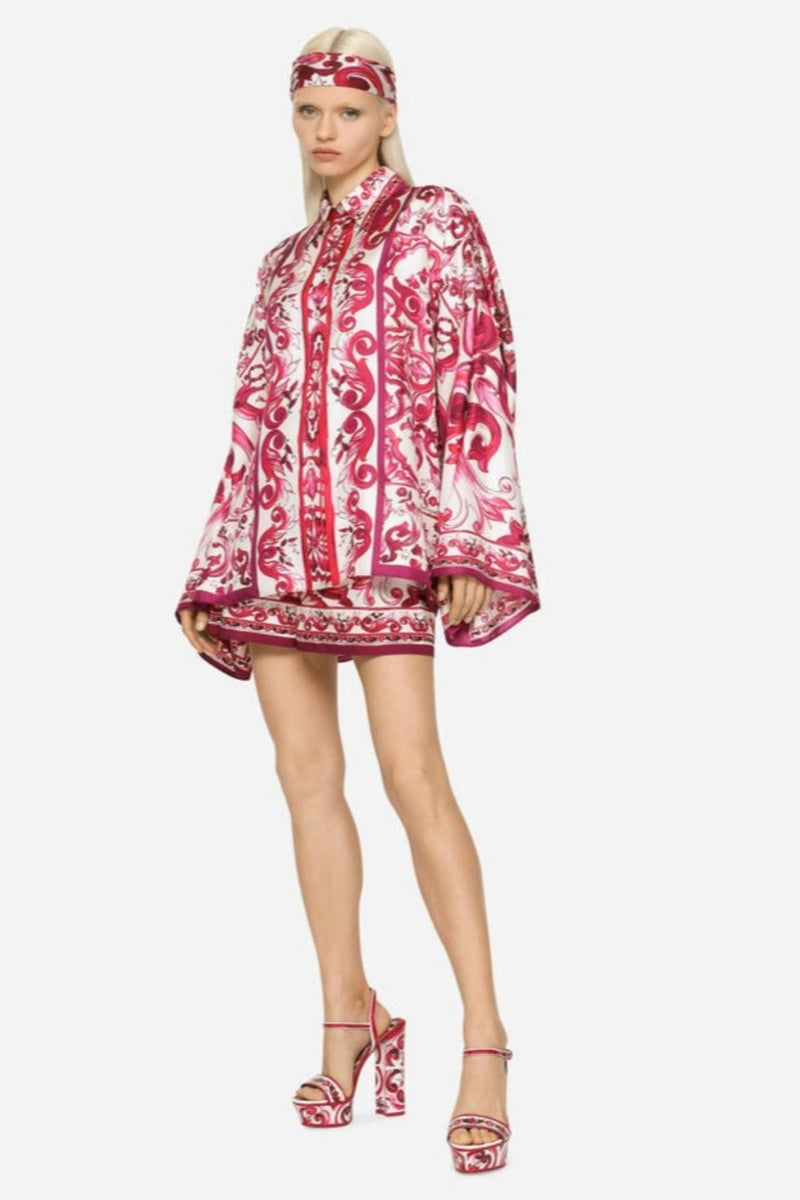 Majolica Print Twill Shirt with Slits