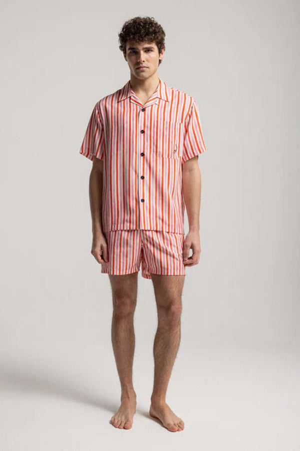 Multicolor Wave Short Sleeve Shirt Red and Pink Brush Stripes