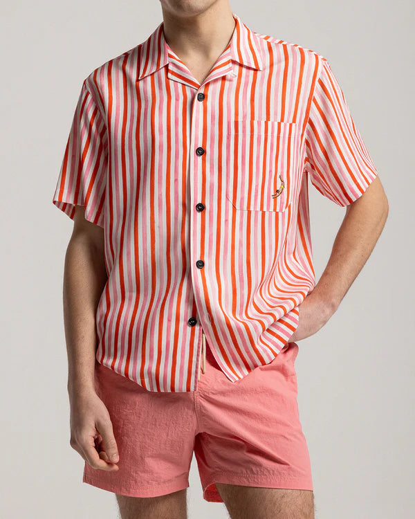 Multicolor Wave Short Sleeve Shirt Red and Pink Brush Stripes