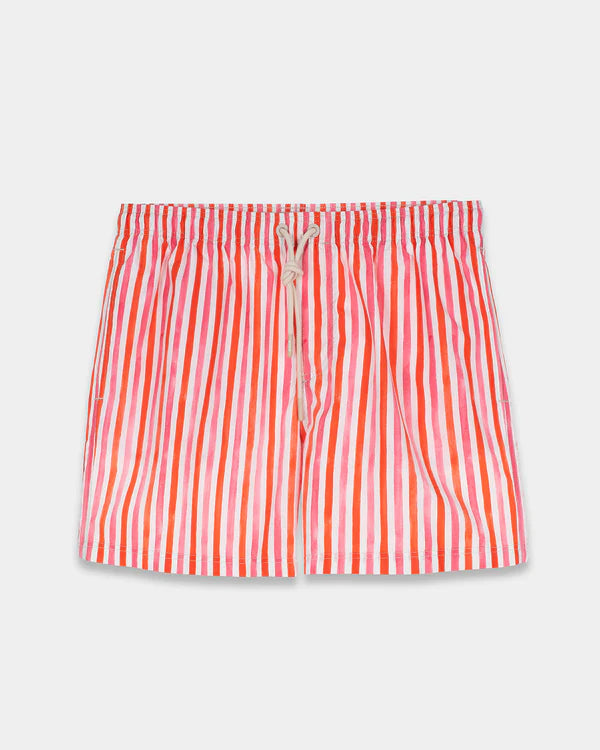 Multicolor Wave Swim Shorts Red and Pink Brush Stripes