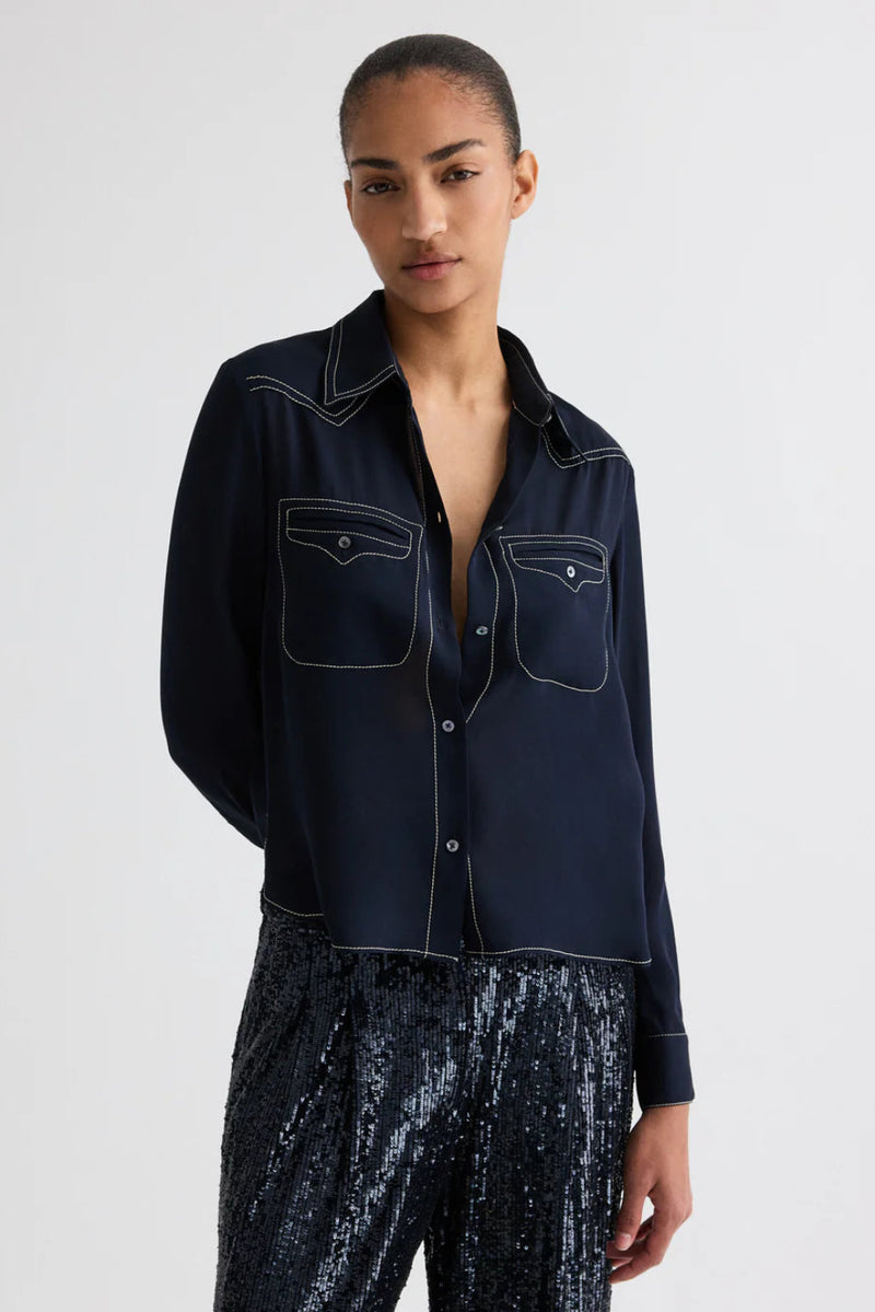 Carter Shirt with Topstitch in Silk Georgette