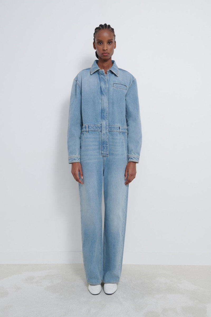 LOULOU STUDIO Panay Denim Jumpsuit WOMEN'S JUMPSUITS CURIOVIBE, CURIO, FAENA, BAZAAR, MIAMI, SUMMER