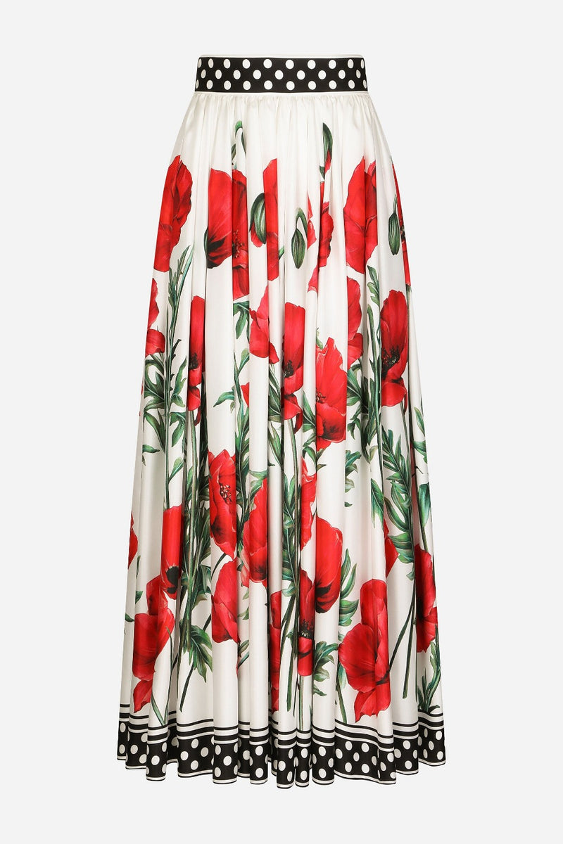Poppy-Print Twill Midi Skirt