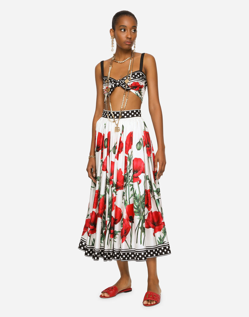 Poppy-Print Twill Midi Skirt