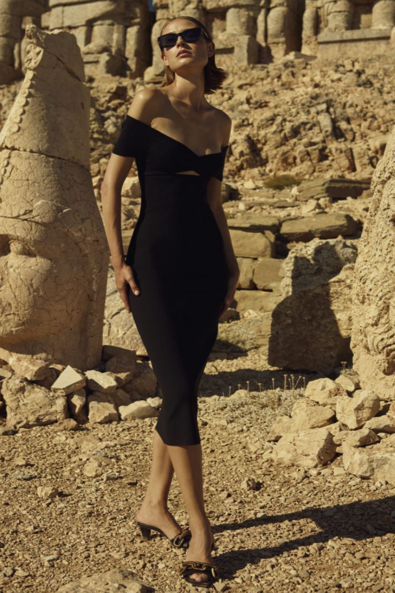 ZEYNEP ARCAY MB KNIT DRESS black midi dress cutout off the shoulder 
