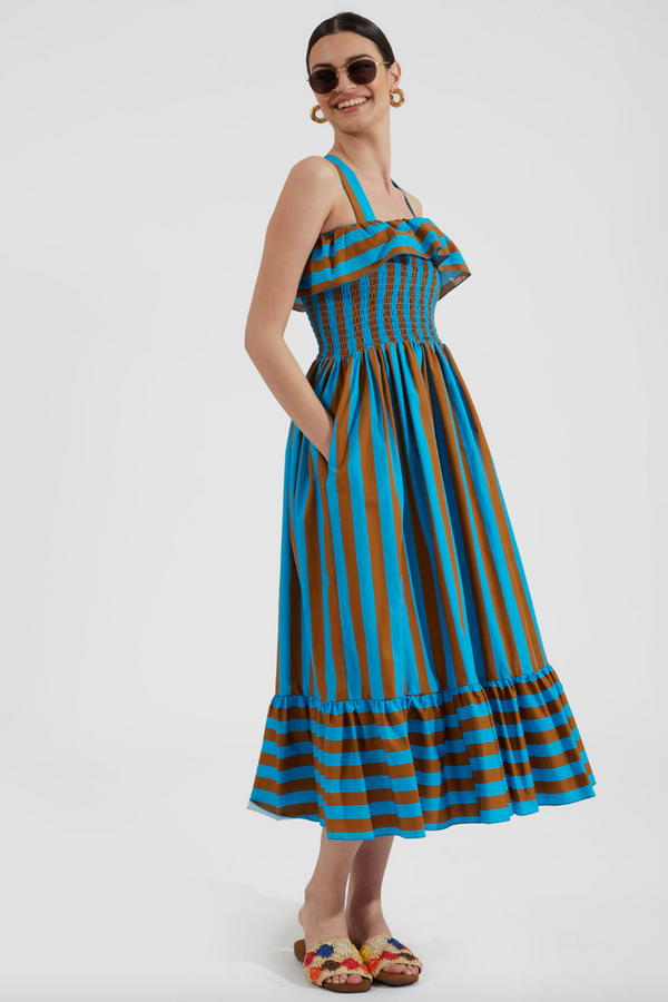 LA DOUBLE J SUNKISSED DRESS blue and brown striped midi dress ruffle top 