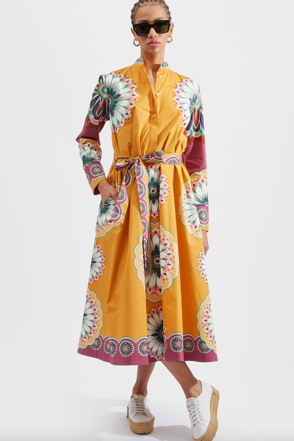 LA DOUBLE J SUNDOWNER DRESS waist belt printed midi dress long sleeve