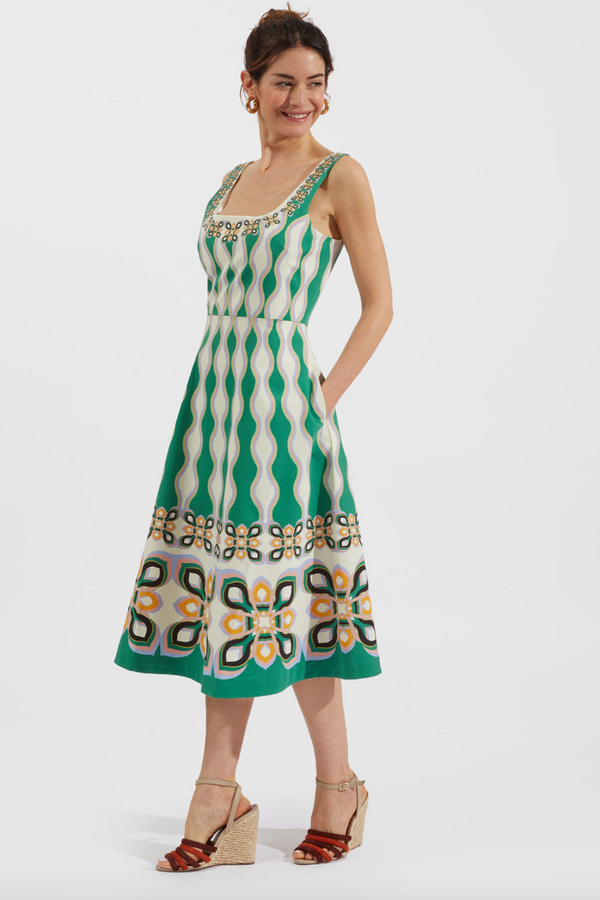 LA DOUBLE J SOPHIA DRESS PLACED midi dress u neck line colorful printed
