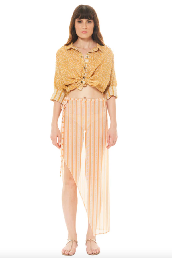 DIZA GABO SEMI TRANSPARENT MIDI SKIRT IN SUNRISE ORANGE orange stripe side tie sheer skirt 
