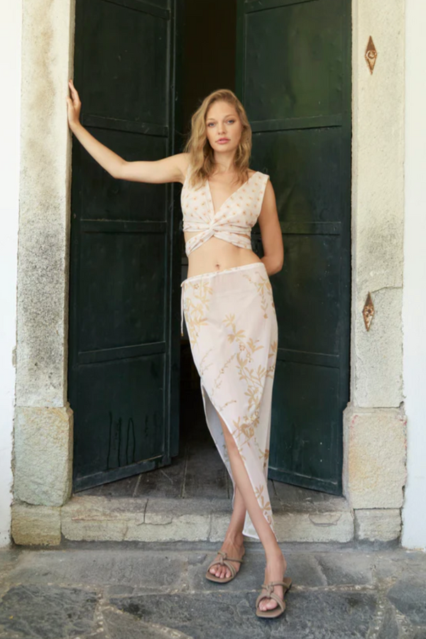 DIZA GABO SEMI TRANSPARENT MIDI SKIRT IN COCONUT BEIGE tie midi skirt printed sheer side tie