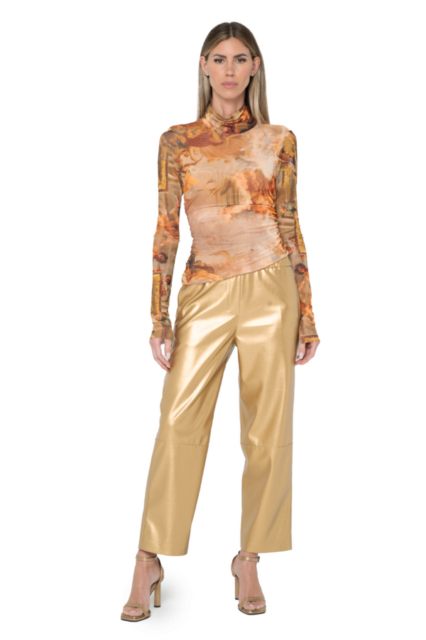 jbq just bee queen gold lame metallic vegan leather ankle length pant flat front trouser