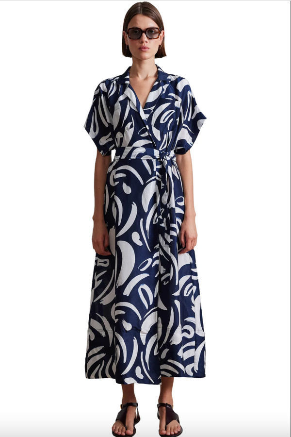 ABSTRACT BRUSHES APIECE APART MAXI DRESS Vincenza Wrap Dress in Navy SUMMER DRESSING 
