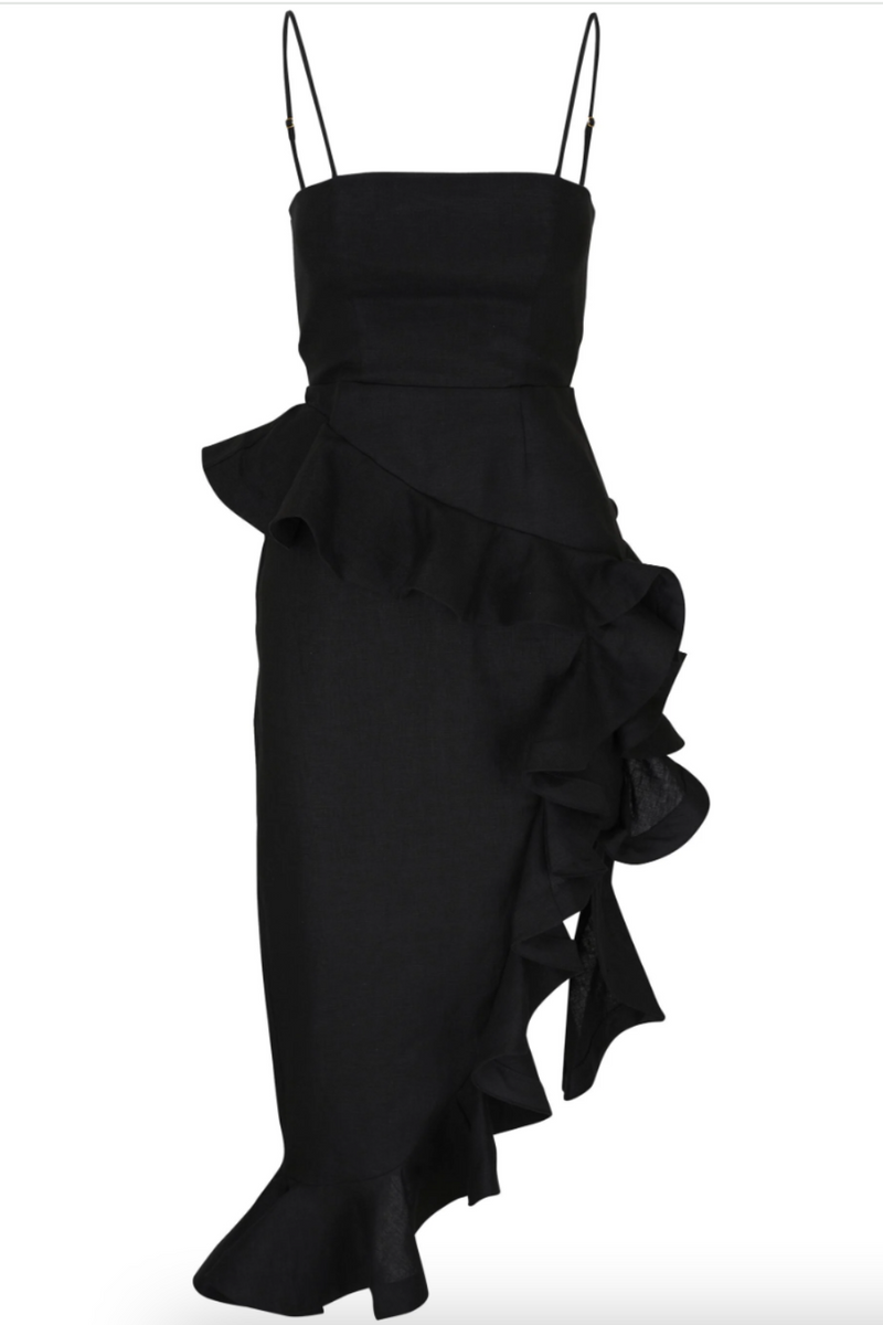 ZIMMERMANN Harmony Tango ruffled dress black linen asymmetric hem