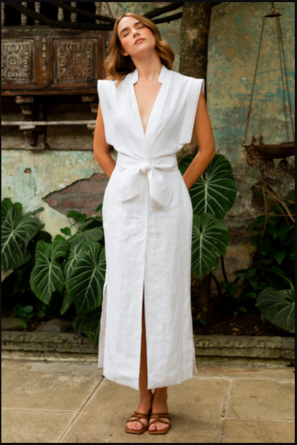 Aguila Tie Detailed Linen Midi Dress Off White andres otalaro summer dresses easy casual travel destination