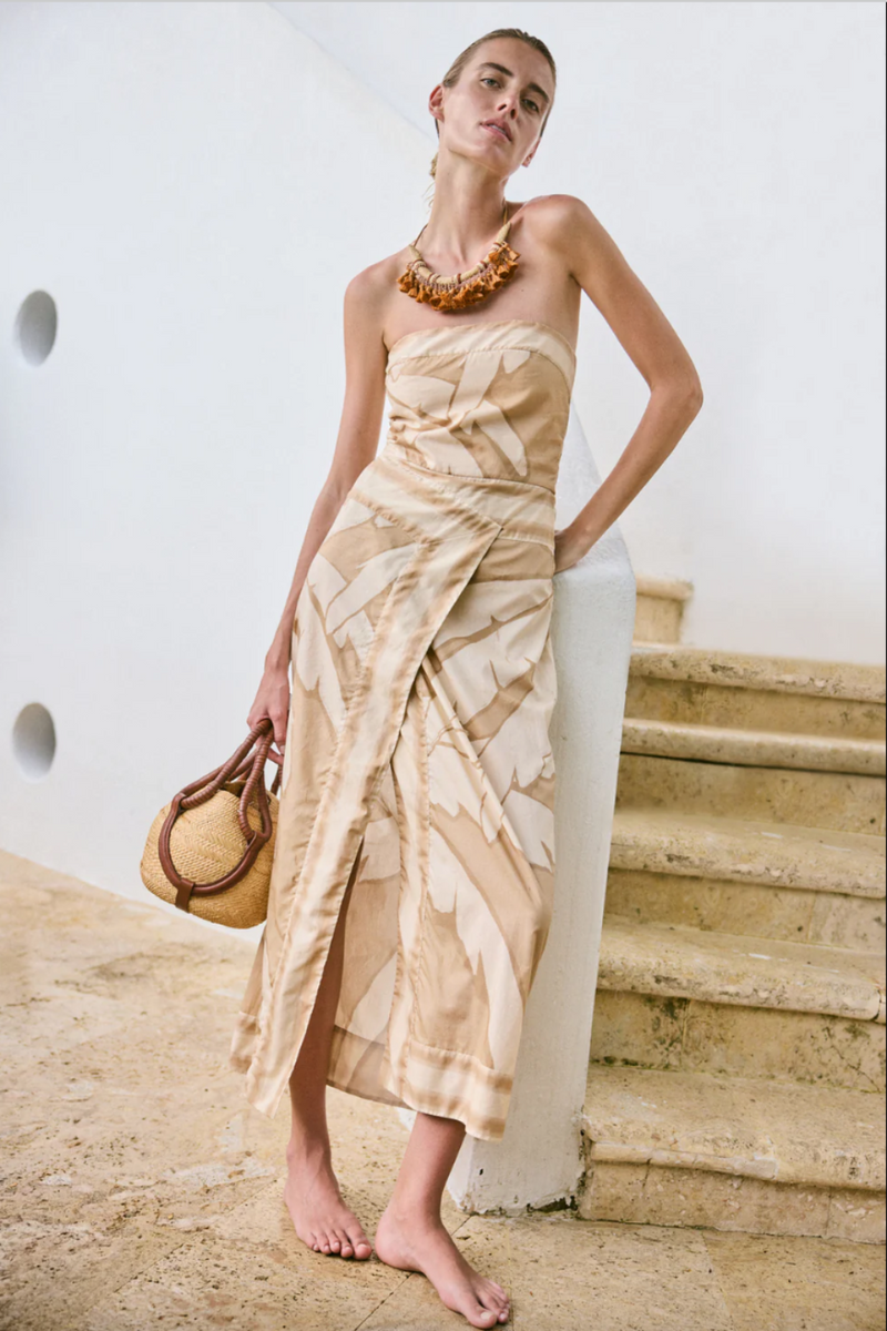 PALMS PONTOON AFTERNOON ANKLE DRESS salty palms sand ecru johanna ortiz strapless wrap palm print