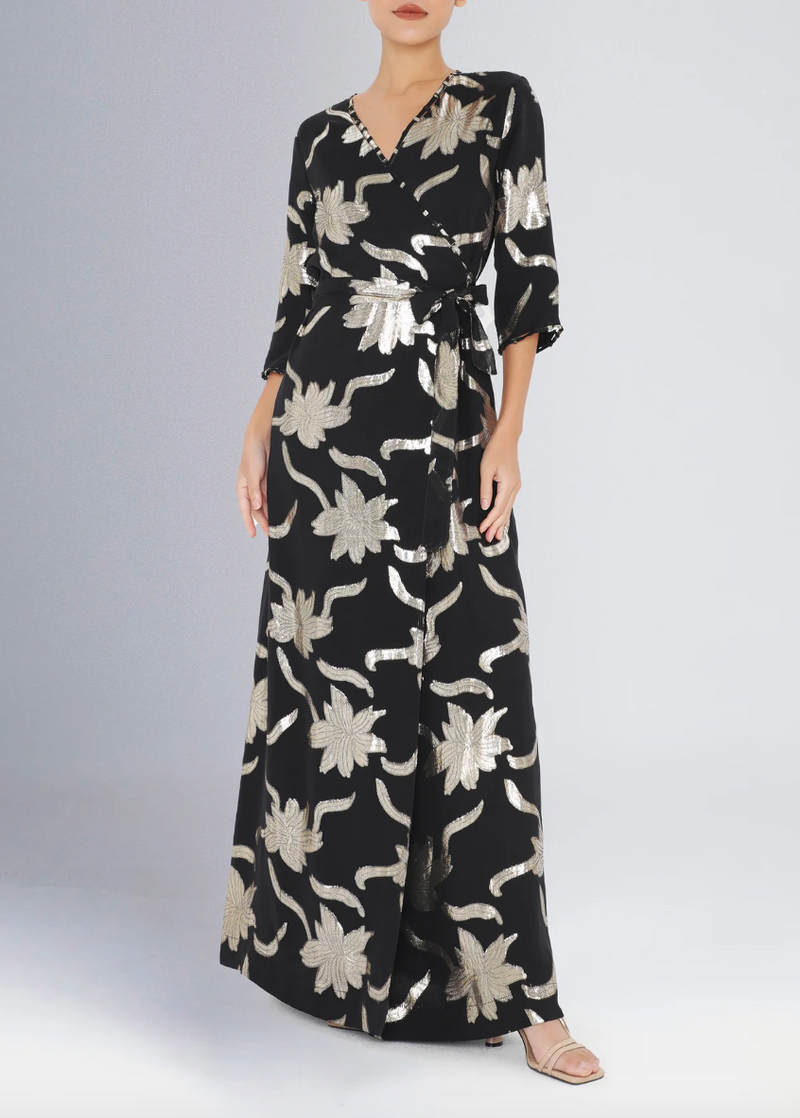 Long Faye Wrap Dress in Black-Gold Flowers L / Black Long Faye Wrap Dress in Black-Gold Flowers L / Black