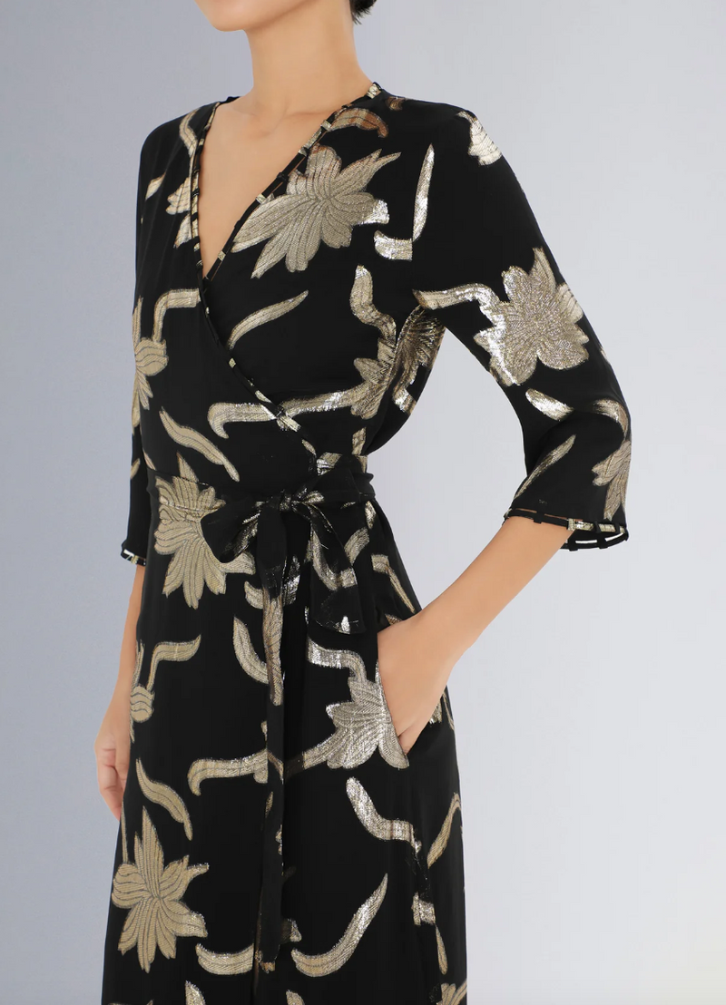 Long Faye Wrap Dress in Black-Gold Flowers – CURIO at Faena Bazaar