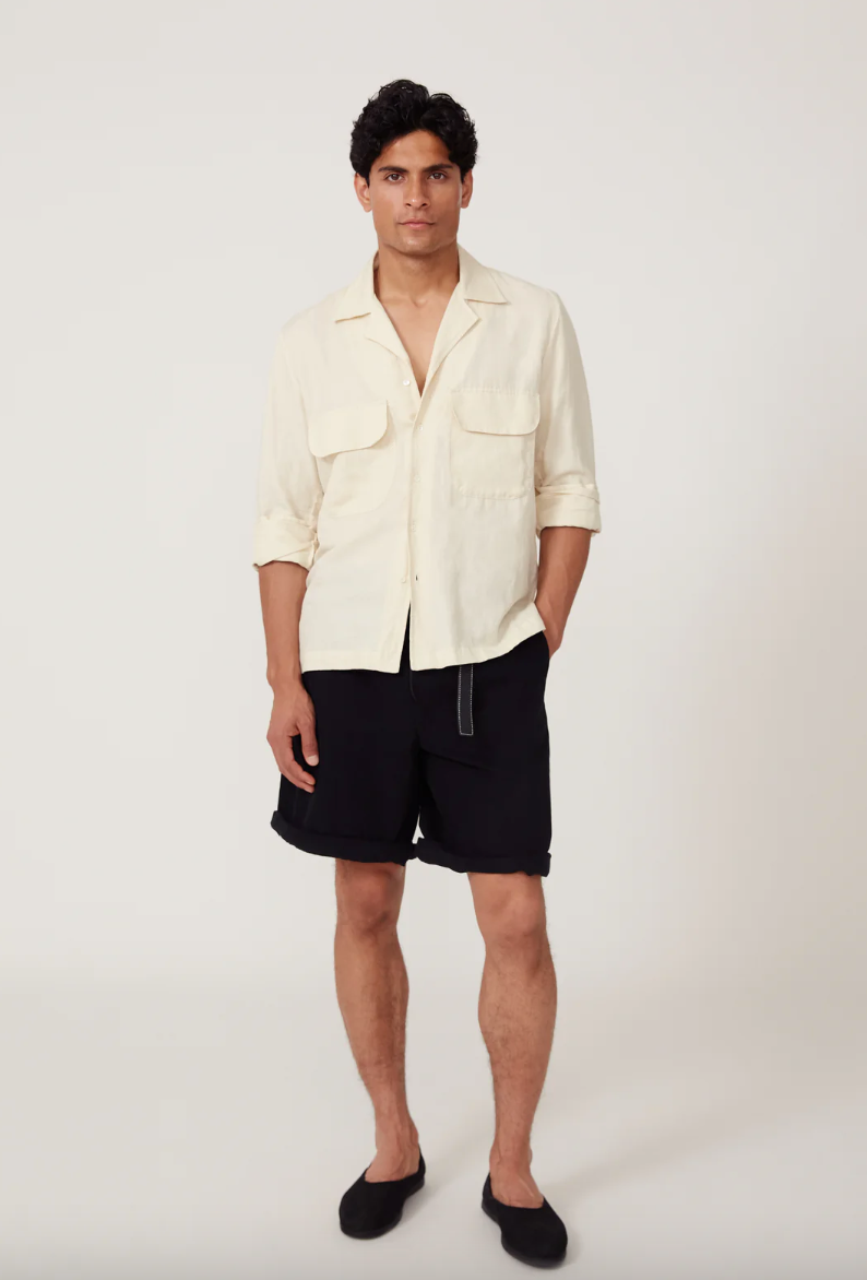 Long Sleeve Washed Linen Camp Shirt in  Ivory (Final Sale)