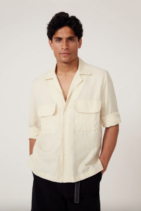 Long Sleeve Washed Linen Camp Shirt in  Ivory (Final Sale)