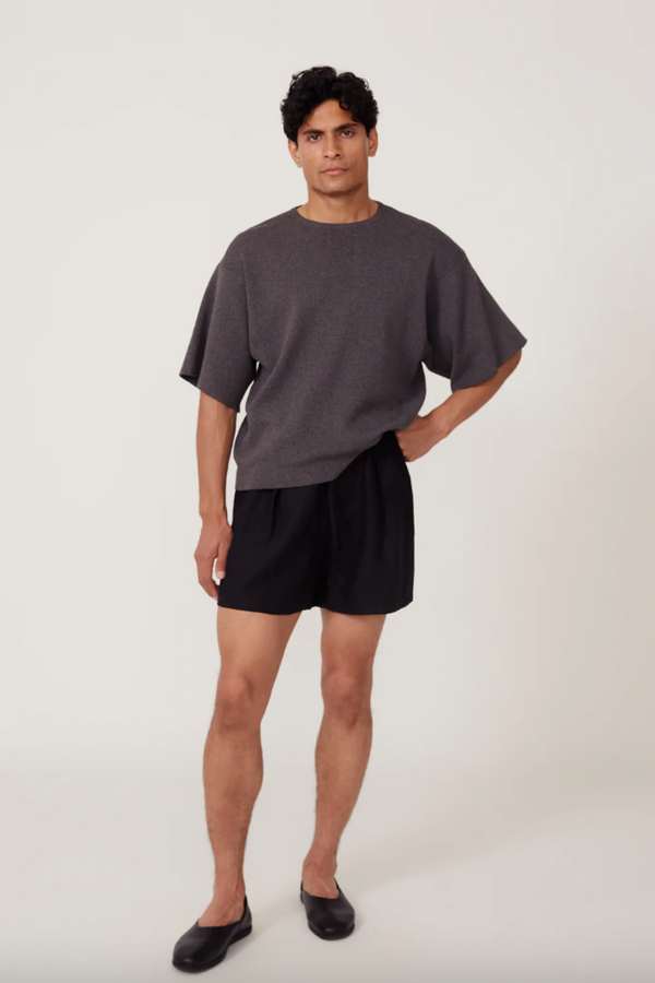 Drawstring Washed Linen Short in Black