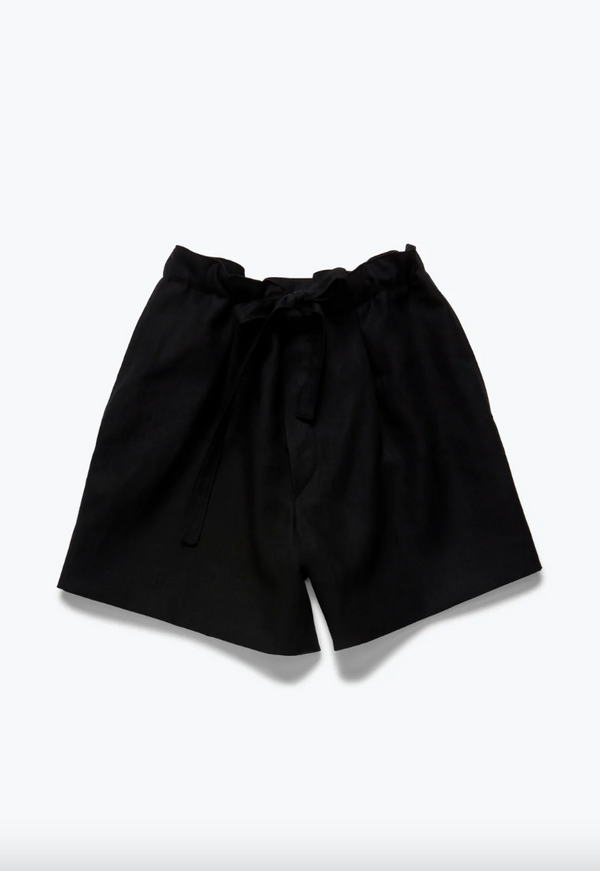 Drawstring Washed Linen Short in Black