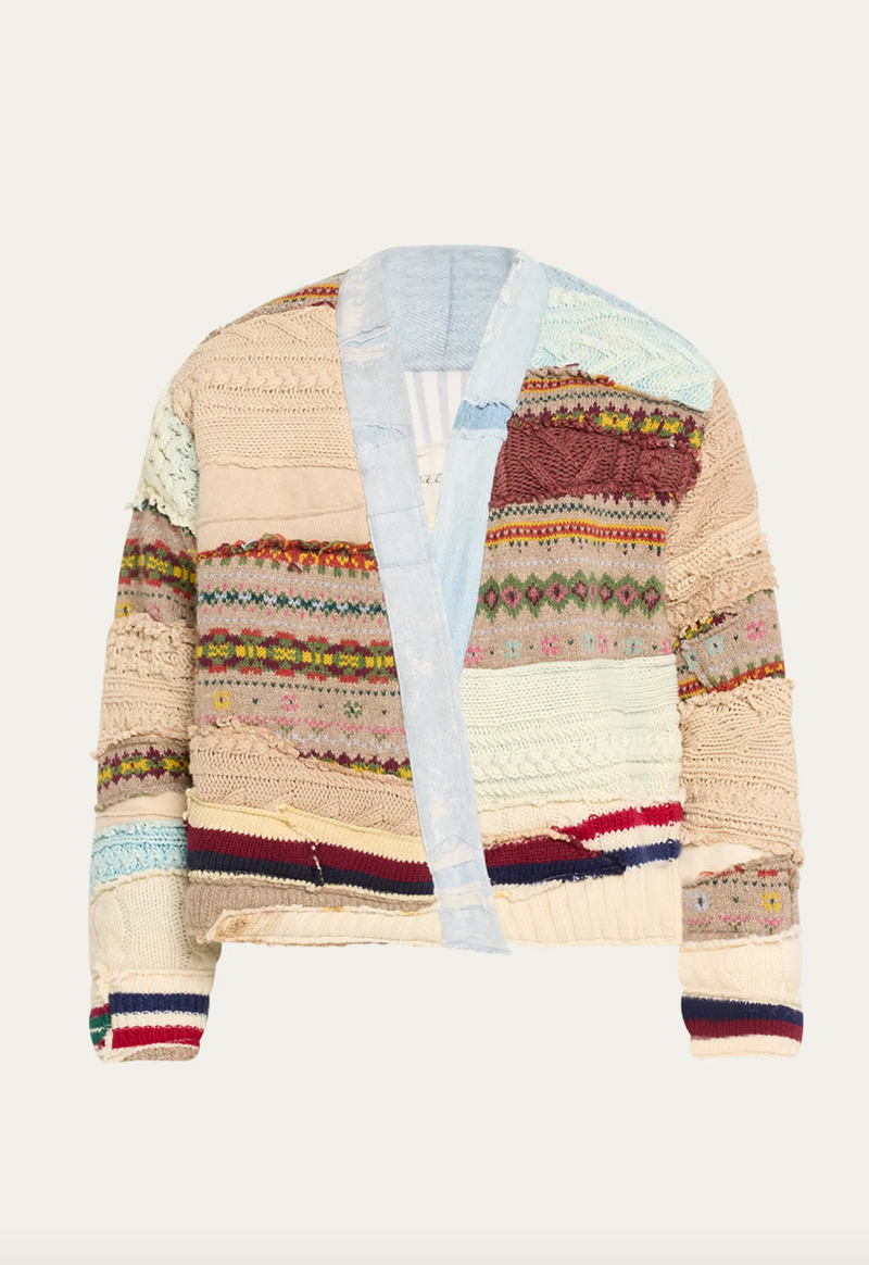 Mixed Sweater Fairisle Stitch Work Cropped Jacket