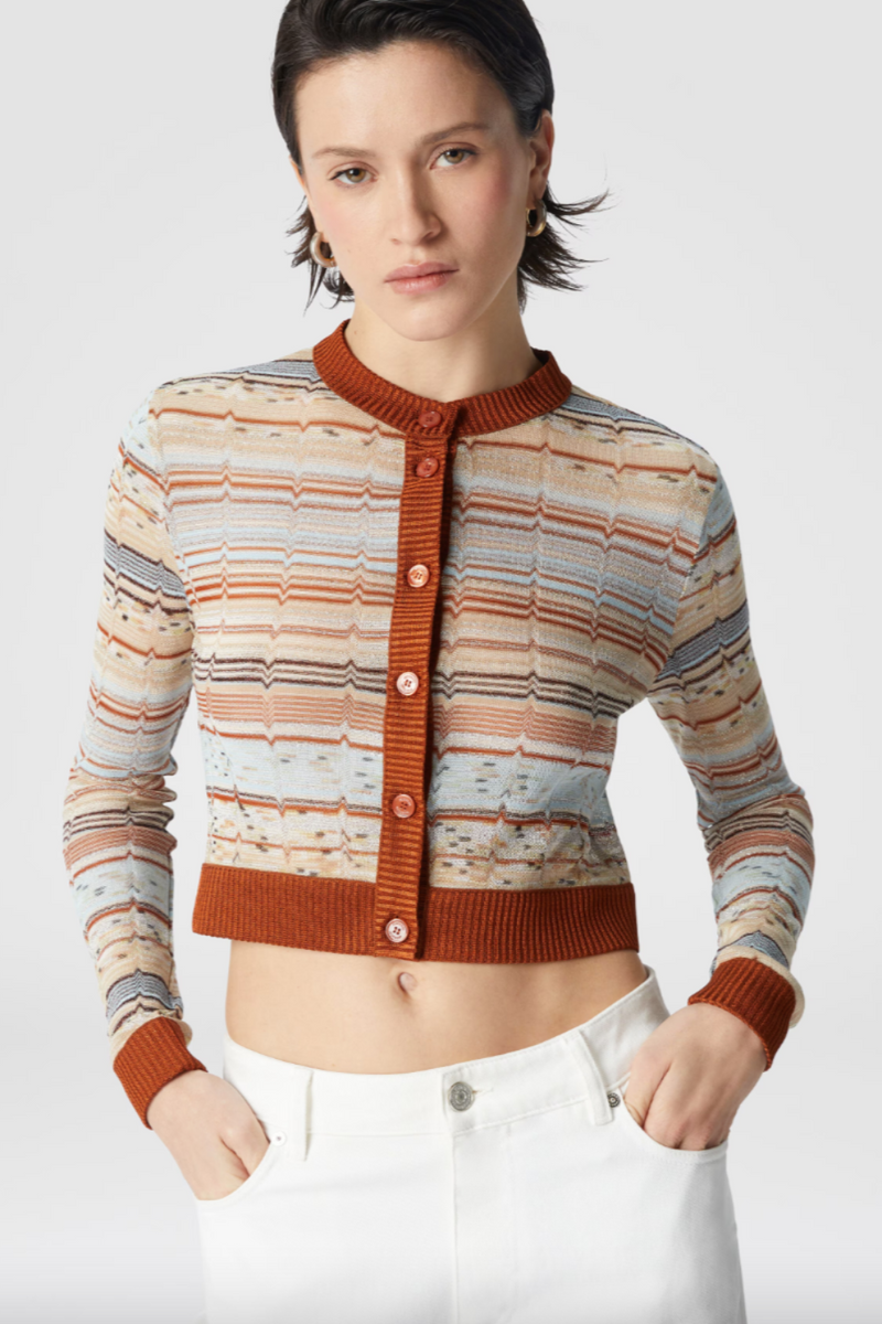 Crewneck Crop Cardigan with Greek Zig Zag Lamé