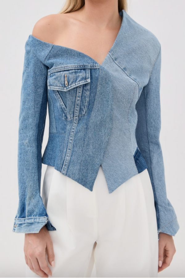 Upcycled Denim Off Shoulder Jacket
