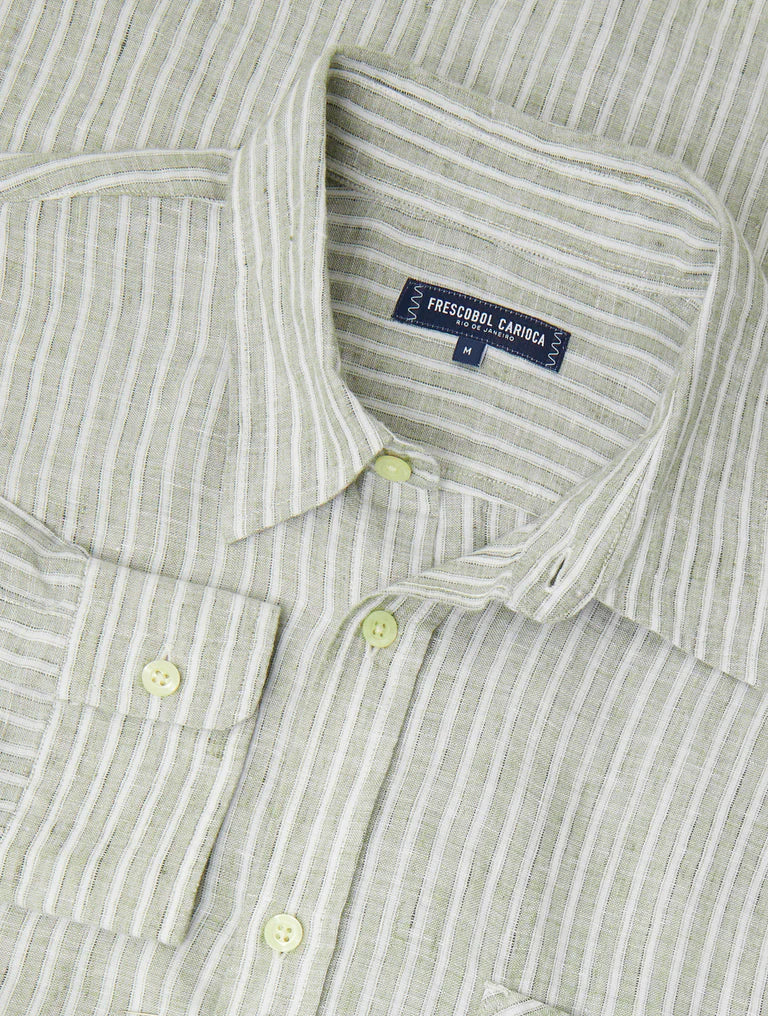 Telles Linen LS Striped Shirt Dark Olive