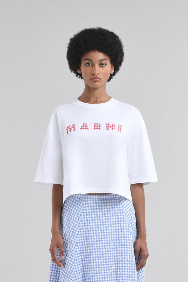 White jersey cotton T-shirt with checked Marni logo (Final Sale)