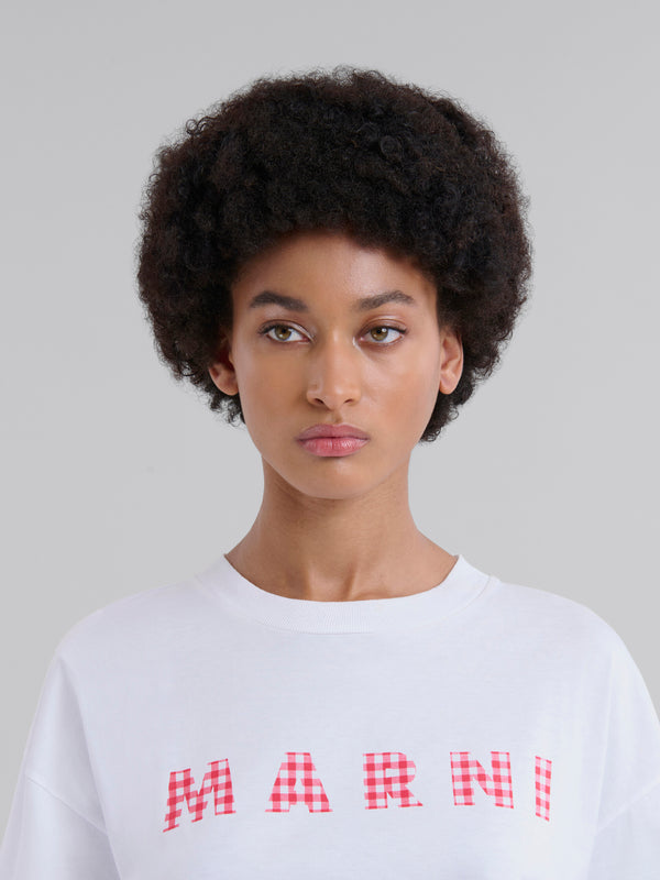 White jersey cotton T-shirt with checked Marni logo (Final Sale)