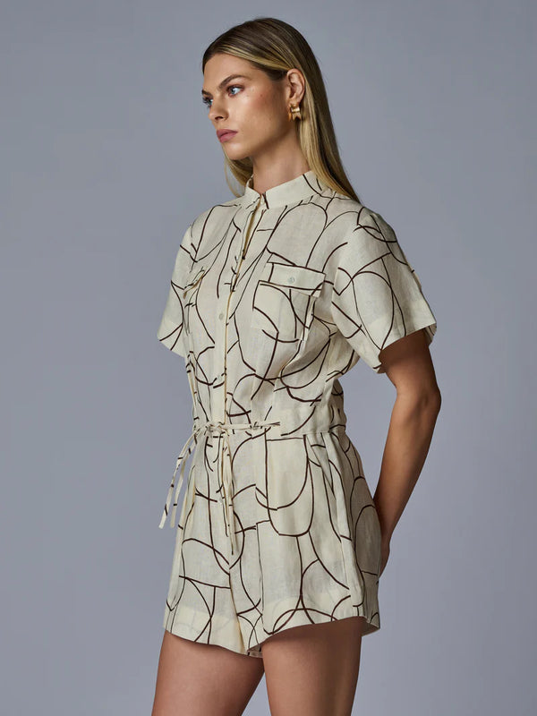 Taryn Romper Linen Brown Geo Print