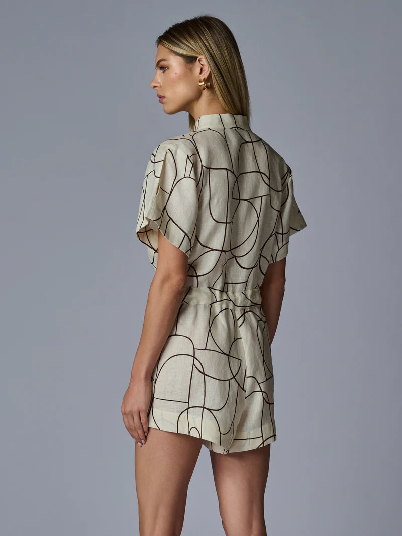 Taryn Romper Linen Brown Geo Print