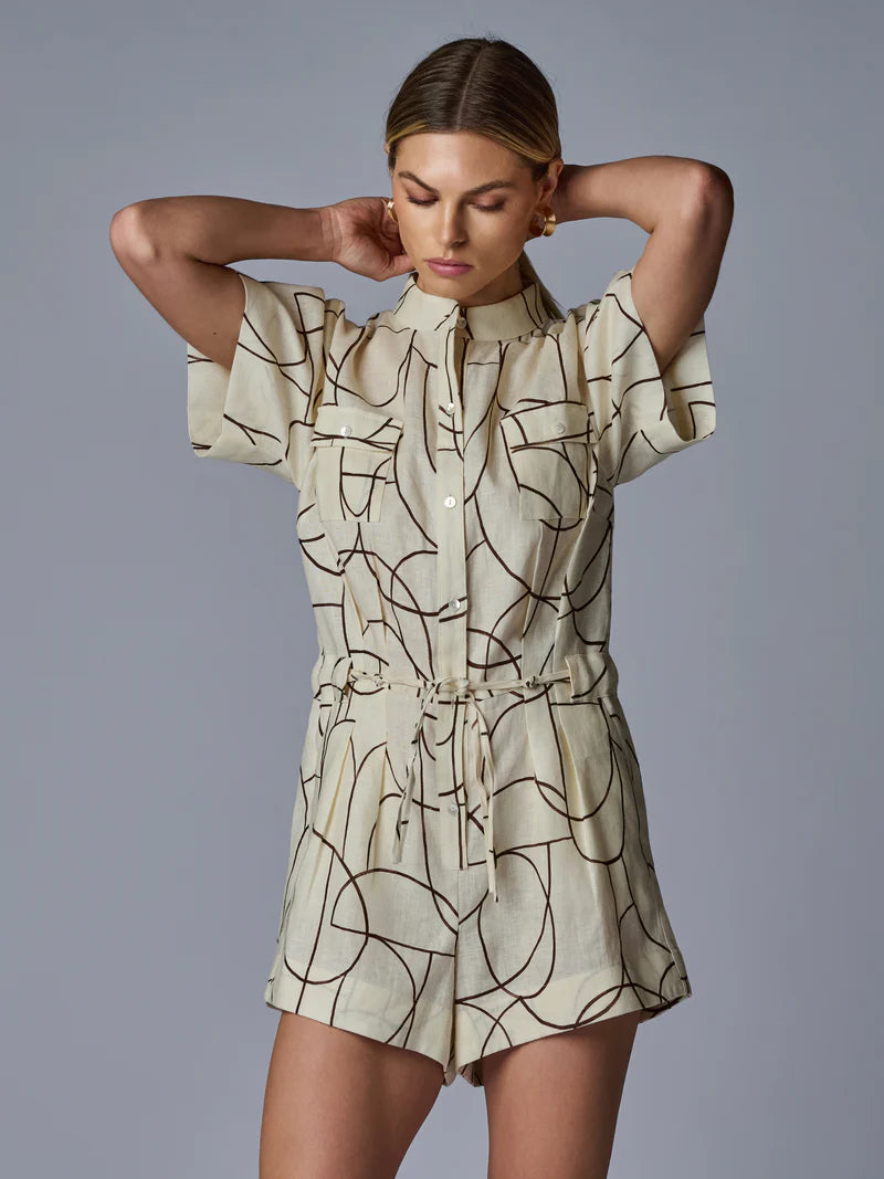Taryn Romper Linen Brown Geo Print