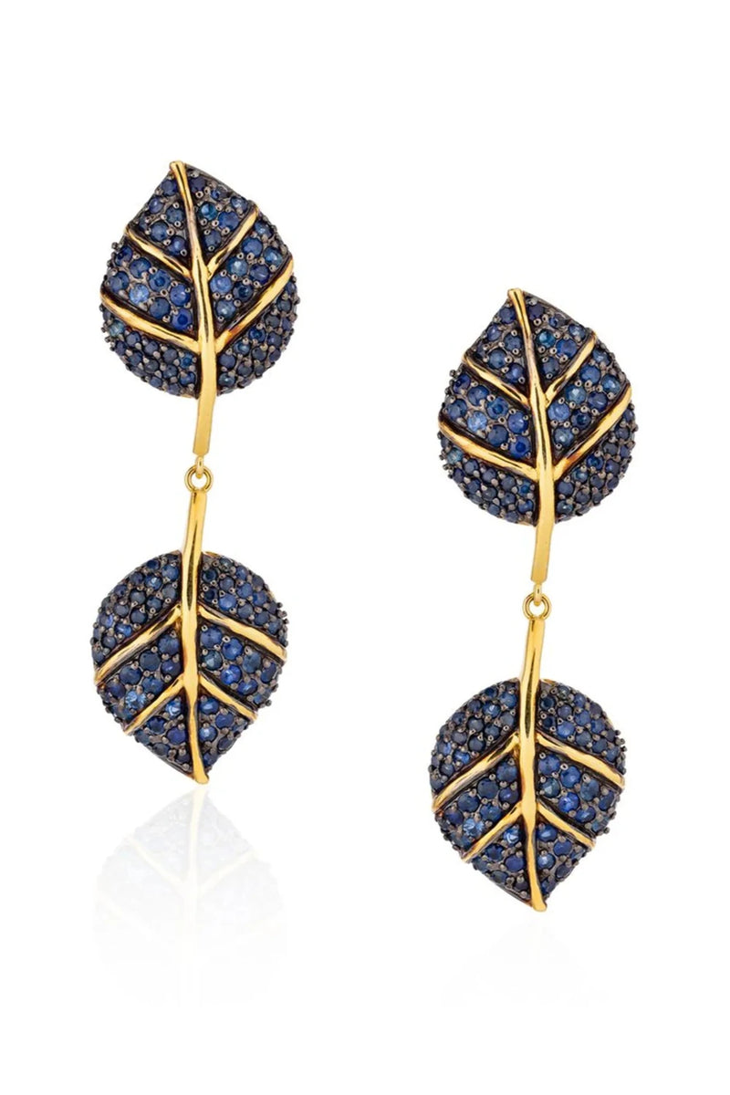 925 Silver Double Leaf Earrings with Blue Sapphires