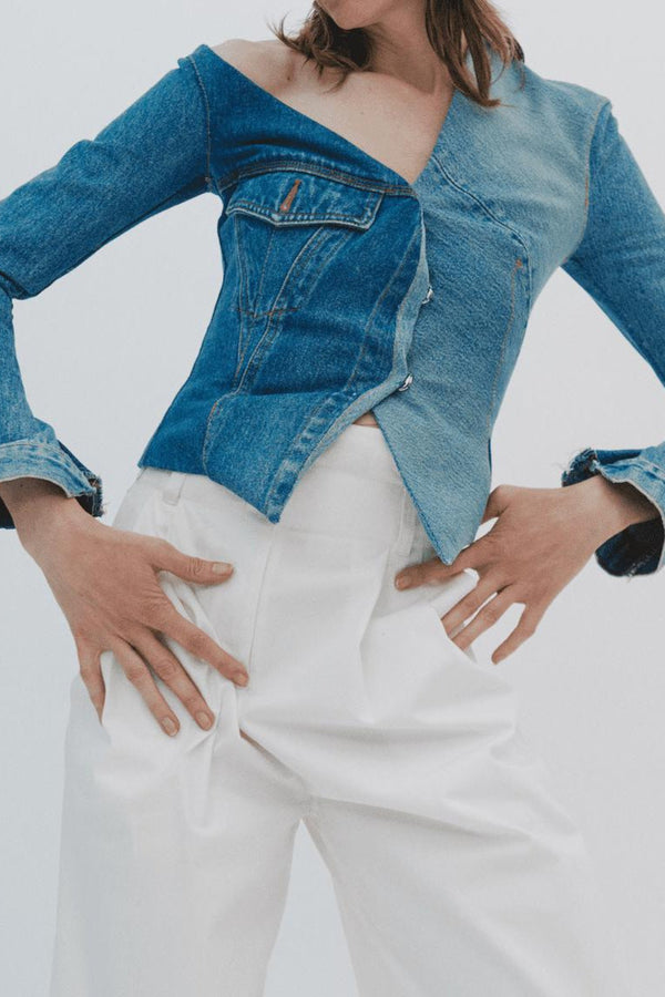 Upcycled Denim Off Shoulder Jacket