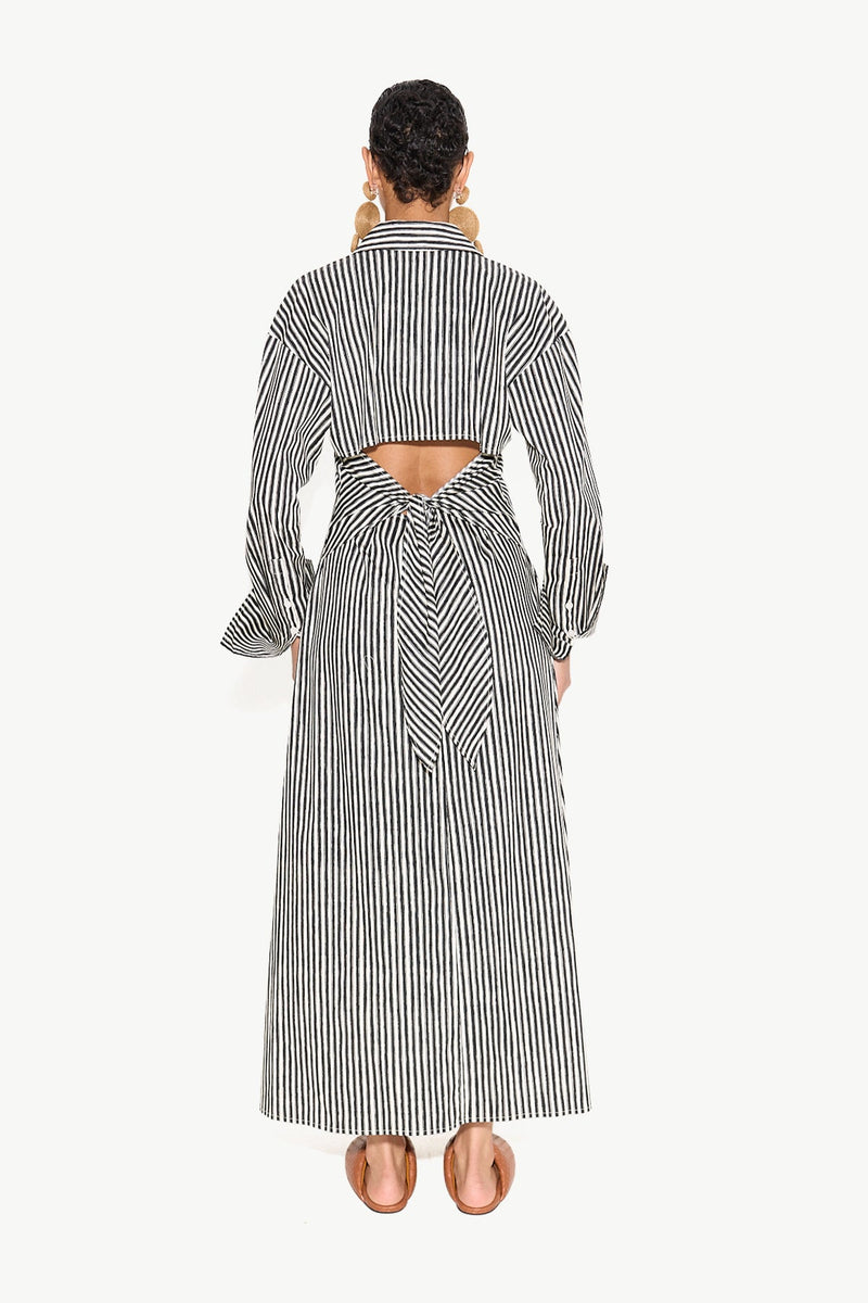 Loch Poplin Maxi Dress Black-Rice Flour Stripe