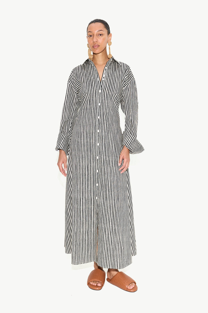 Loch Poplin Maxi Dress Black-Rice Flour Stripe