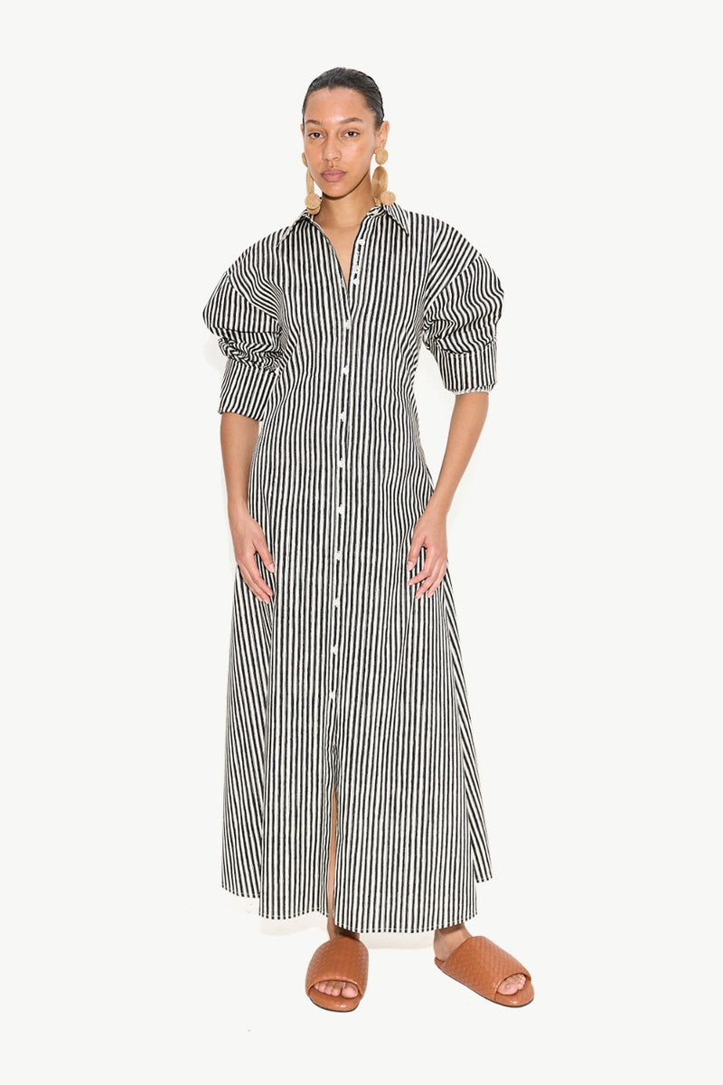 Loch Poplin Maxi Dress Black-Rice Flour Stripe