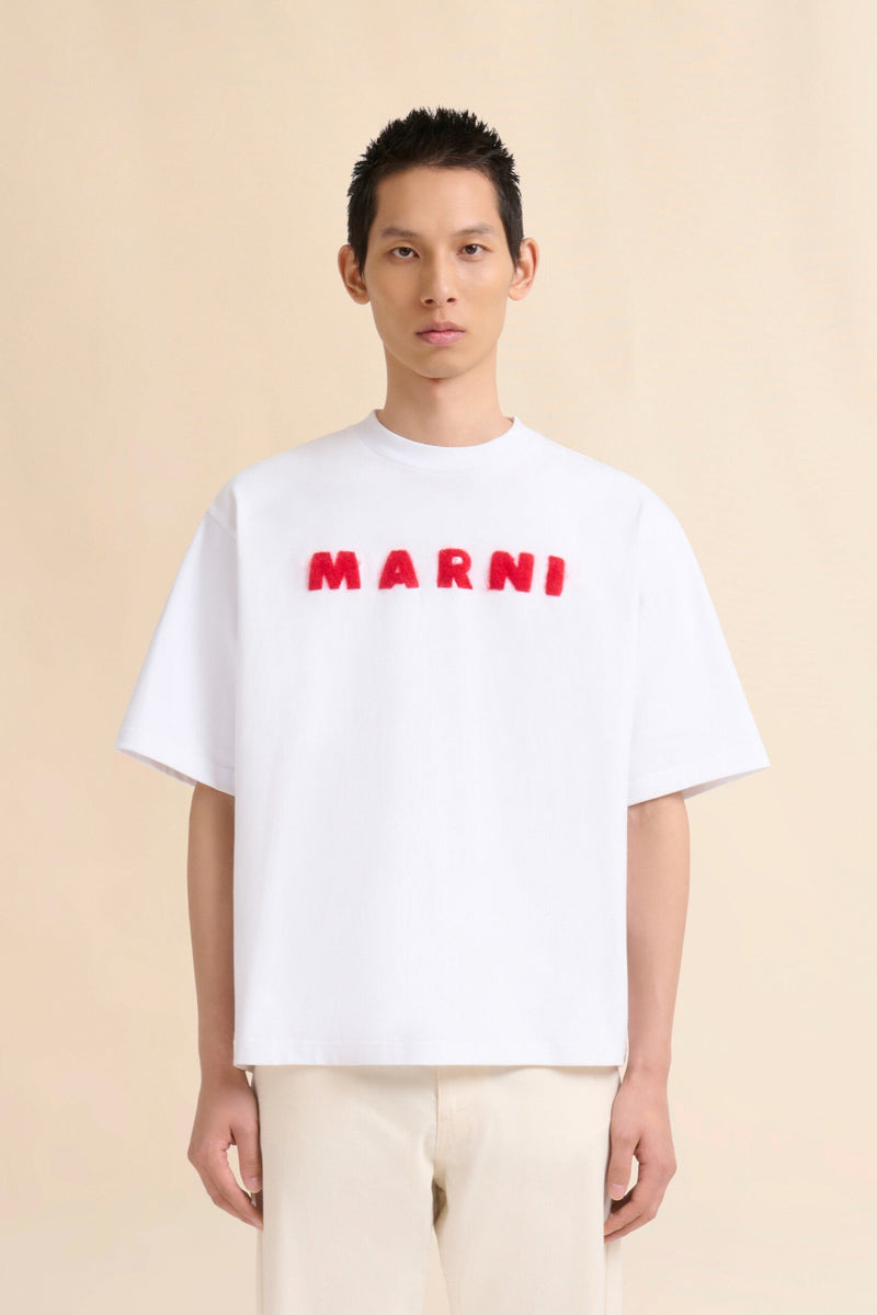 White Cotton T-Shirt with Mohair Patches