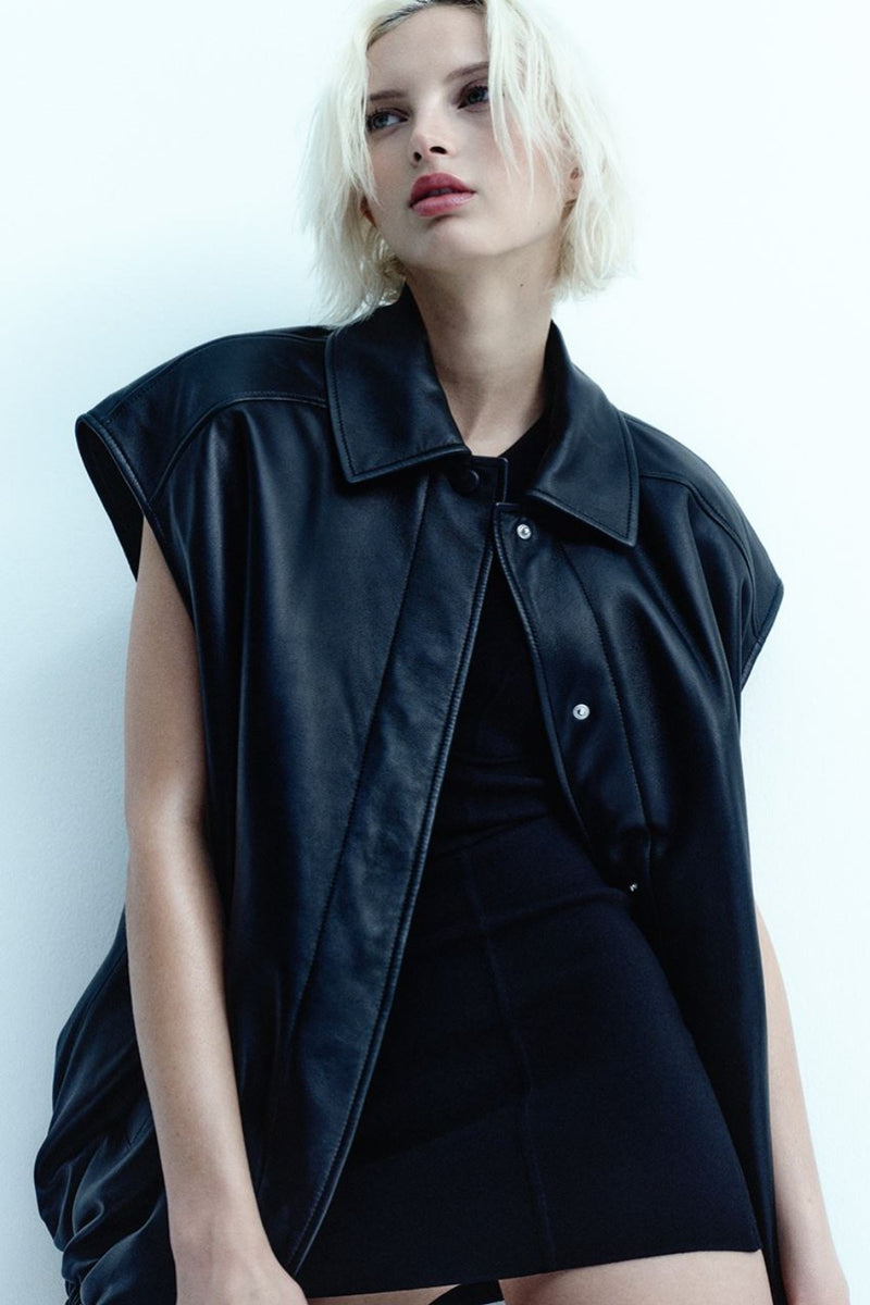 Oversize Leather Bomber Vest Black