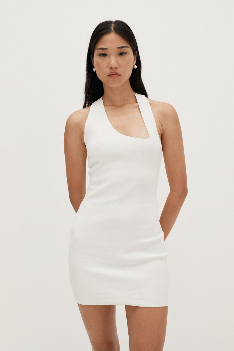 Asymmetric Racer Slip Dress Off White