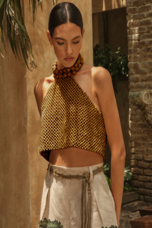 Adea Handmade Beaded Crop Top Brown