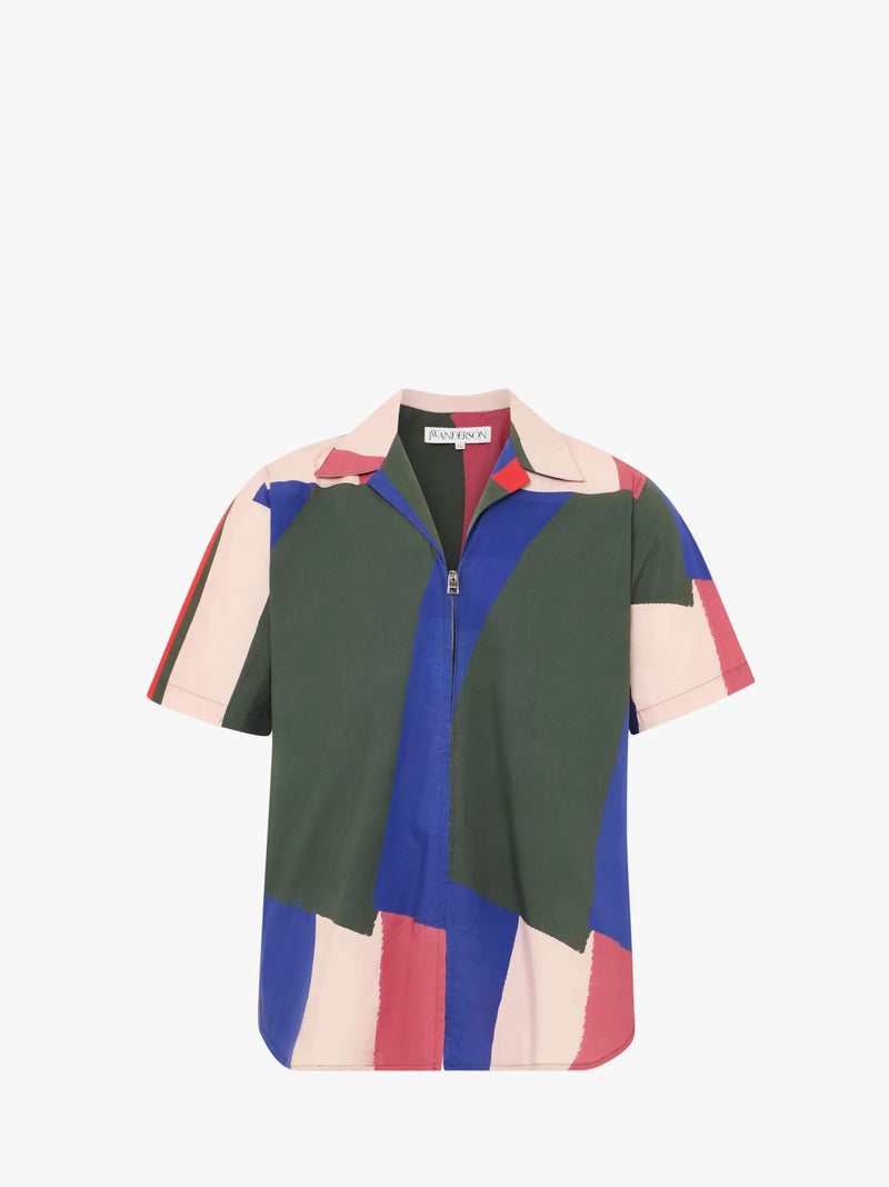 Zip Up Short Sleeve Printed Shirt