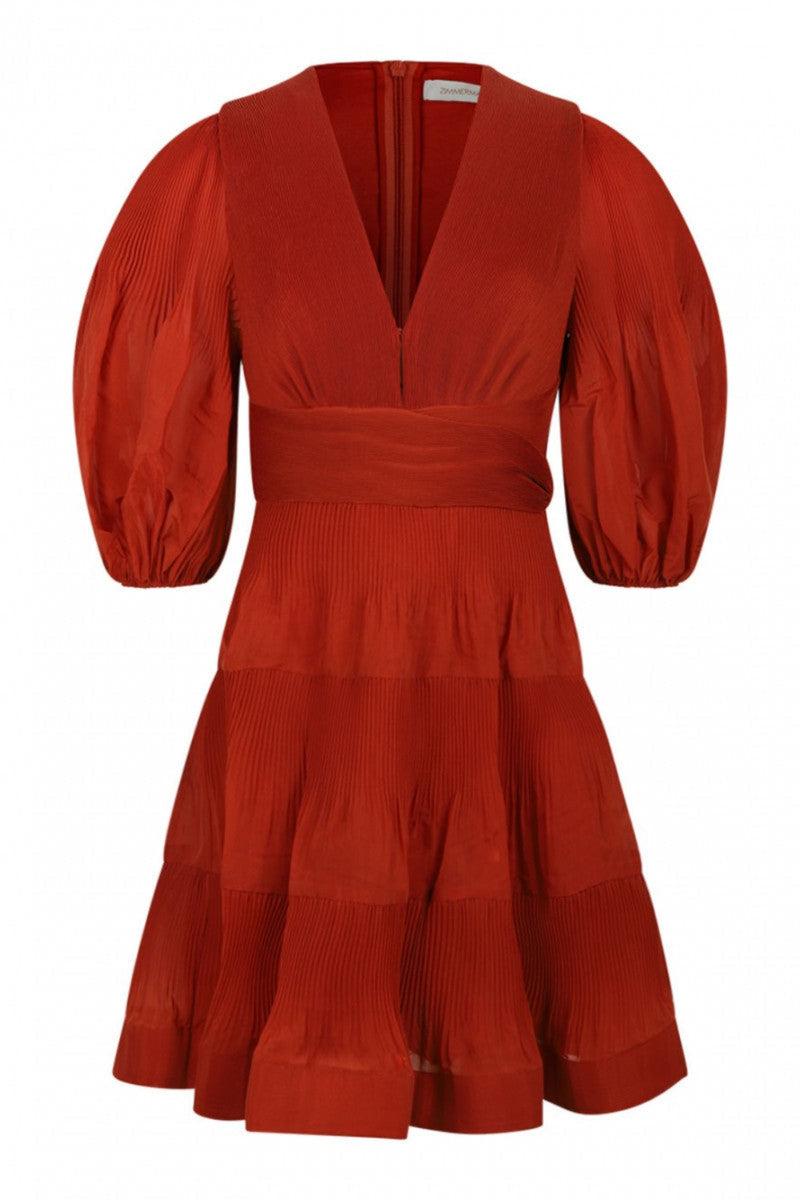 Pleated Mini Dress Dark Red