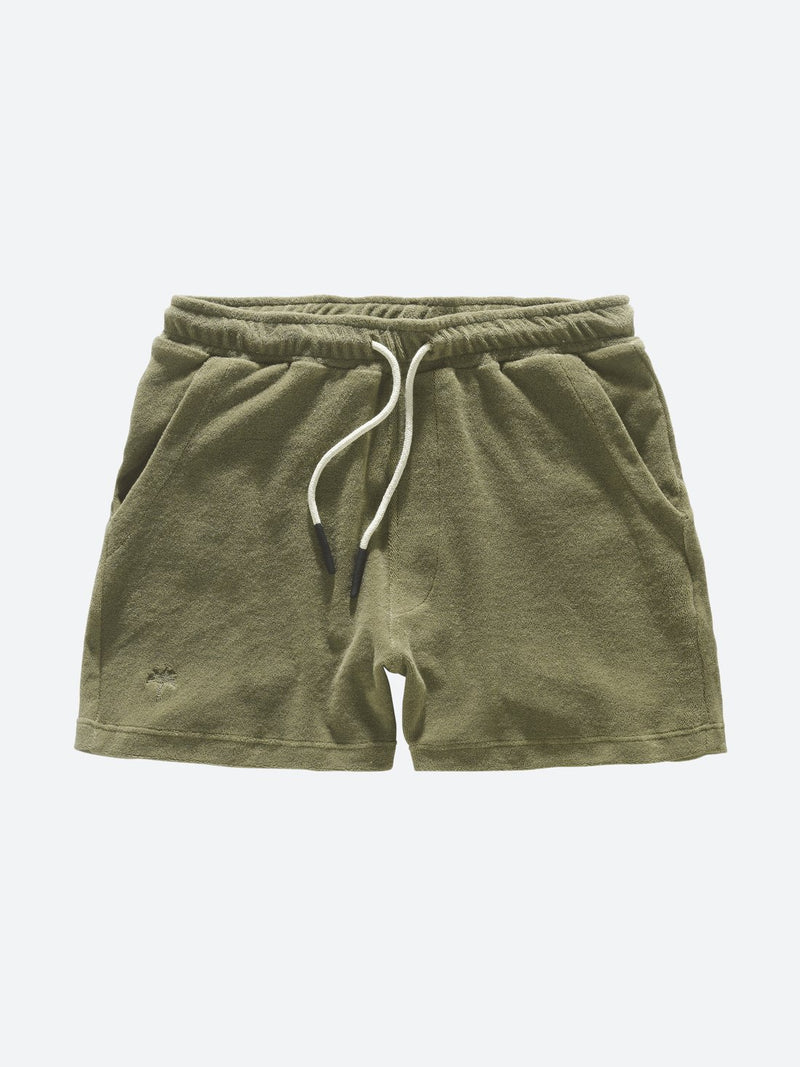 khaki green terry toweling shorts with coated strings