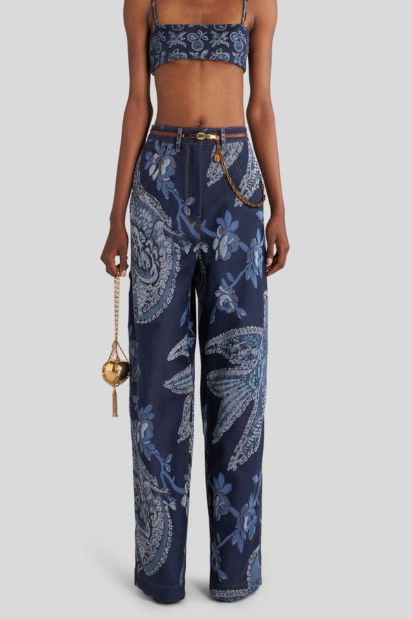 Denim Jacquard Cargo Jeans with Birds