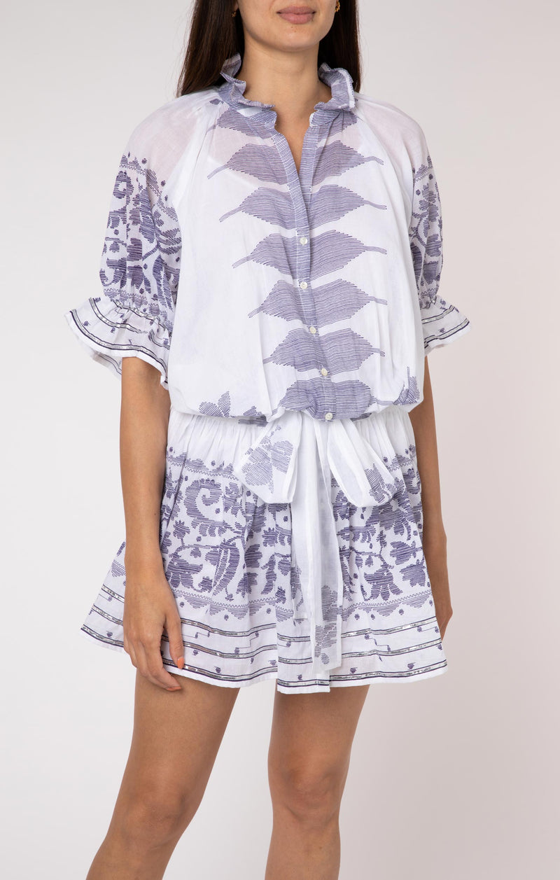 Blouson Dress with Dhaka Print and Silver Trim