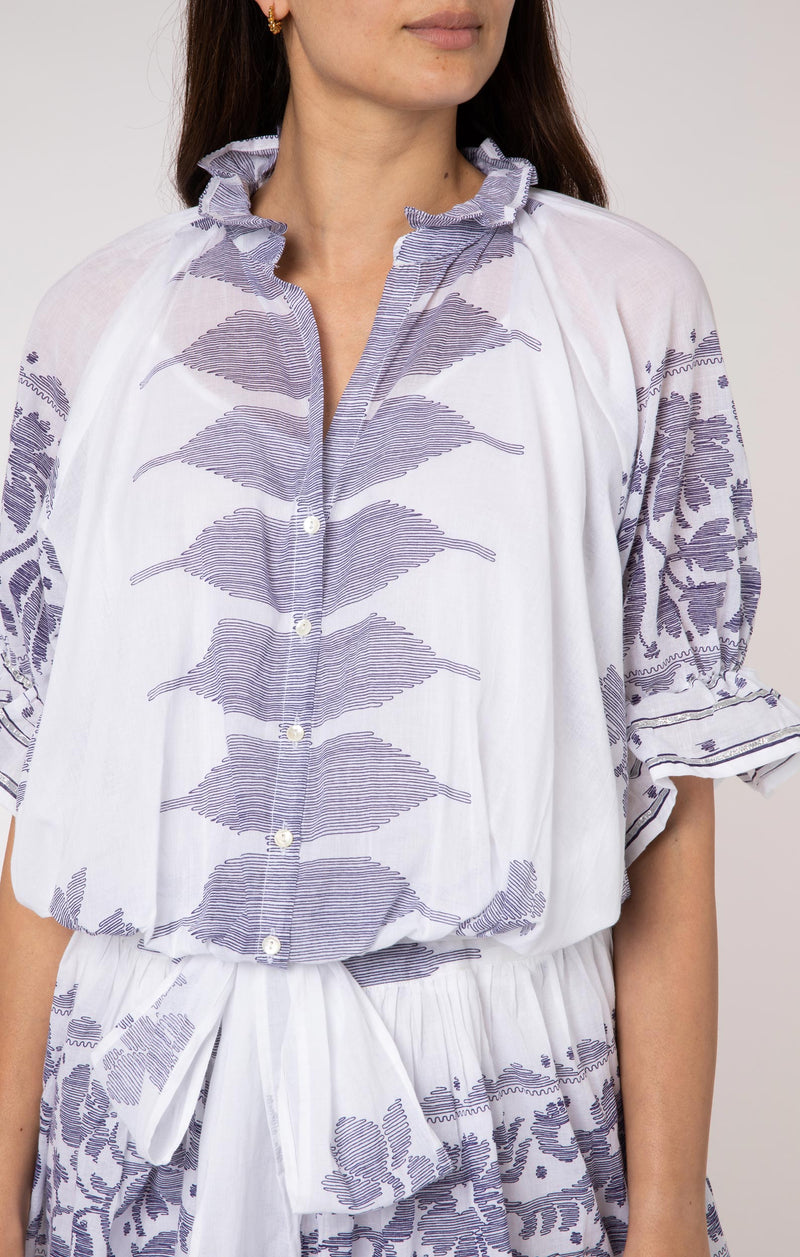 Blouson Dress with Dhaka Print and Silver Trim